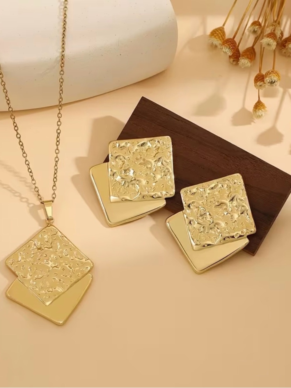 Gold-Tone Textured Double Square Pendant Necklace & Earring Set